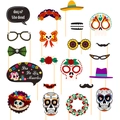 21-piece Day of the Dead photo booth props with sugar skulls and Mexican sombreros - One Size / 21-Piece Day of the Dead Props