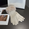 Women's light beige leather gloves with faux rabbit fur cuffs and touchscreen fingers - One Size / Beige Fur Cuff Style