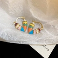 Detail of heart-shaped hoop earrings featuring colorful enamel stripes and gold finish - Colorful Striped Heart Ear Buckle