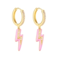 Close-up of gold enamel lightning earrings with pink drop oil and white zircon stones - Lightning Bolt / Pink