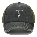 Berretto da baseball in denim lavato con ricamo faith e rete posteriore verde oliva - Verde Militare