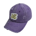 Close-up of vintage purple washed baseball cap with distressed details and I Do Crew embroidery - One Size / Purple