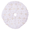 Detailed view of white faux fur Christmas tree skirt with decorative gold foil stars - Bronzing Stars