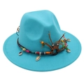 Detail of turquoise fedora with leather band, wooden beads and hanging seashell charm - Lake Blue