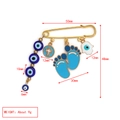 Detailed size map of golden safety pin brooch with blue evil eye and hamsa charms - Baby Footprints Style (BE1729BU00)