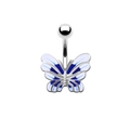 Detalle de piercing de ombligo de mariposa plateada con incrustaciones de esmalte azul y blanco - Mariposa Degradado Azul Blanco (Barra Plateada)