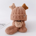 Plush light coffee knit baby hat and scarf set with cute bear detail and soft texture - Hat + Scarf 2pcs Set / Khaki