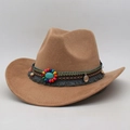 Western suede cowboy hat in khaki featuring ethnic beaded band and turquoise accent - One Size (56-60cm) / Camel