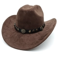 Classic brown suede western cowboy hat with vintage leather band and bull head metal buckle - M (56-58cm) / Coffee