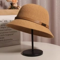 Beige straw bucket hat with a brown leather decorative strap and metal buckle detail - M (56-58cm) Adjustable / Khaki