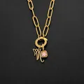 14K gold plated stainless steel necklace with pink gemstone and heart charm accessory - Letter N (XNL0097)