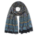 Bohemian paisley printed scarf in lake blue with ethnic patterns and black border trim - Navy Blue