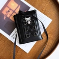 Ballet style black PU leather tri-fold wallet featuring ribbon lace and pink heart gem - Black Balletcore Wallet with Black Ribbon