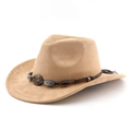 Detailansicht eines khakifarbenen Wildleder-Cowboyhuts mit geflochtenem Dekoband - M (56-58cm) / Camel