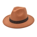 Detail of camel wool fedora hat featuring a black braided leather band and brim texture - M (56-58cm) / Khaki
