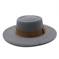 Close-up of gray wool felt boater hat with a wide dark brown decorative fabric band - M (56-58cm) / Grey with Khaki Ribbon