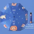 Navy blue kids folding umbrella featuring cartoon animal illustrations and manual reverse open - Manual Inverted - Animal Paradise [Reflective Strip]