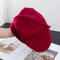Detailed view of burgundy knit beret featuring thick yarn texture and ribbed edge detail - M (56-58cm) / Burgundy