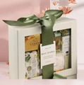 White gift box with window, dark green ribbon and special gift tag on pink background - Beige Set (Green Ribbon/Card/Bag/Raffia)