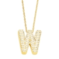 Close-up of gold-plated necklace with sparkling pavé-set letter W pendant on white back - Gold-W
