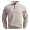 Men's beige ribbed knit sweater with quarter-zip stand collar in high-quality fabric - Apricot