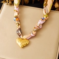 Retro silk ribbon necklace with colorful prints and a gold heart-shaped pendant - Colorful Geometric Print Wavy Heart Style (N3841)