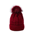 Detail of burgundy knit beanie featuring cable pattern and fluffy pompom on top - M (56-58cm) / Burgundy