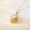 Gold stainless steel heart pendant necklace with white pearl and embossed texture - Embossed Texture Heart Pearl Style (137612)