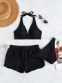 Detailed flat lay of a black three-piece halter swimsuit with boyshorts and beach accessories - S / Solid Black