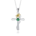 Silver cross necklace with gold lily flower and green emerald-style gemstone - Cross May Lily
