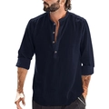 Men's relaxed fit navy linen shirt featuring a grandad collar and buttoned placket - Dark Blue
