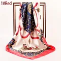 Classic carriage print square silk scarf in red and navy blue on an elegant metal frame - 90*90cm / Red