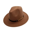 Detailed view of the brown wool fedora hat featuring a black leather band and gold chain - One Size / Light Coffee