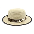 Summer straw boater hat for women with leopard print ribbon and pearl embellishments - M (56-58cm) / Beige