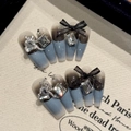 Handmade long coffin press-on nails with blue-black ombre, 3D crystals and black tulle bow - Extra Small (XS) / Blue-Grey Gradient 3D Bow Style (2314)