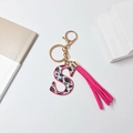 Floral letter S keychain with hot pink tassel and gold hardware on white background - Letter S (With Tassel)