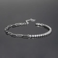 Silver paperclip link tennis bracelet with cubic zirconia paving on black mirror base - Platinum Plated Bracelet