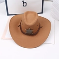 Close-up of brown felt sheriff cowboy hat with braided rope and bronze star badge detail - One Size / Khaki