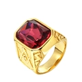 Anello massonico da uomo in acciaio inossidabile dorato con grande gemma rossa rettangolare - Misura 7 / Placcato Oro Zirconia Rosso Rosa