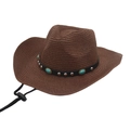 Detail of woven straw cowboy hat with turquoise beads and black adjustable chin cord - One Size / Coffee (Turquoise)