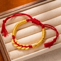 Close-up of red braided rope bracelet with gold beads and five ancient Chinese coins - L269-3 Copper Coin