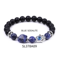Blue sodalite pyramid bead bracelet with black matte beads and Hamsa Hand charm - Blue Sodalite
