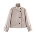 Women's chic short wool coat with stand collar and asymmetric buttons in light oat color - XS / Beige