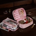 Pink velvet cosmetic bag set with gold star patterns and transparent travel case - Rococo Pink - Large Portable Style
