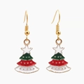 Detailed close-up of Christmas tree earrings with colorful enamel and gold hooks - Tiered Christmas Tree Enamel