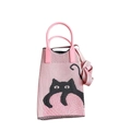 Detailed knit texture of pink cat pattern crossbody phone bag with sturdy top handles - Cat Pink
