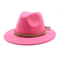 Detail of rose pink fedora hat with woven brown band and golden beads on wool felt - Rose Red