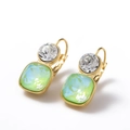 Elegant gold earrings with round clear crystal and square gradient green gemstone - White + Peridot