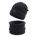 Detail of warm black fleece kids beanie hat and matching neck warmer scarf set - Black