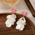 Pink heart and white petal drop earrings with elegant pearlescent layers for women - Pink Heart Layered Style (E1176/Silver Needle)